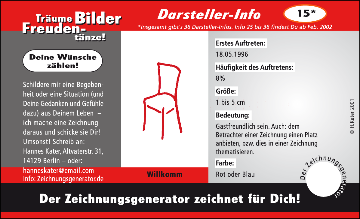 Hannes Kater: Auftragskärtchen *15 Willkomm, Vorderseite, Version von 2001